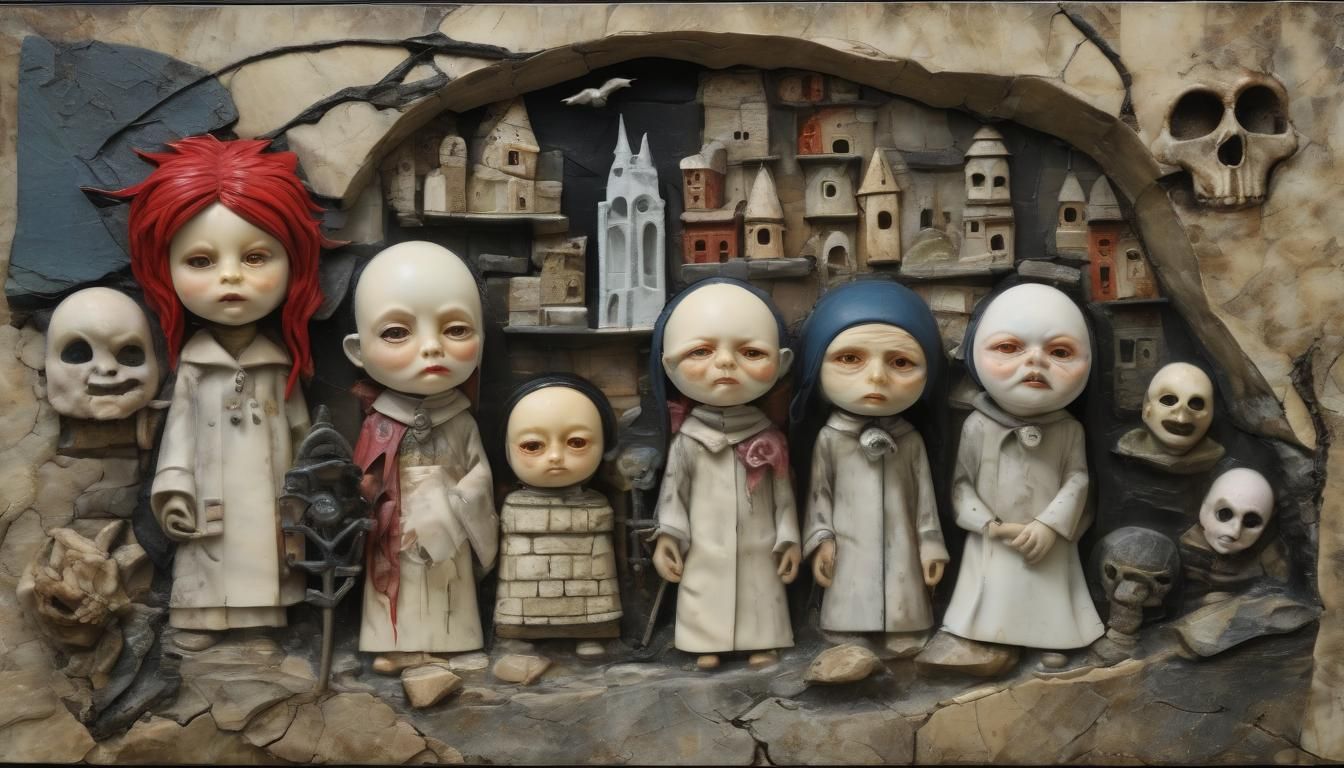 Surreal Collage of Chibi Stonemasons in Impasto Style