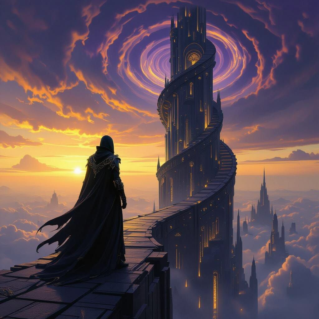 Dark Fantasy Figure at Infinity Skyscraper Edge