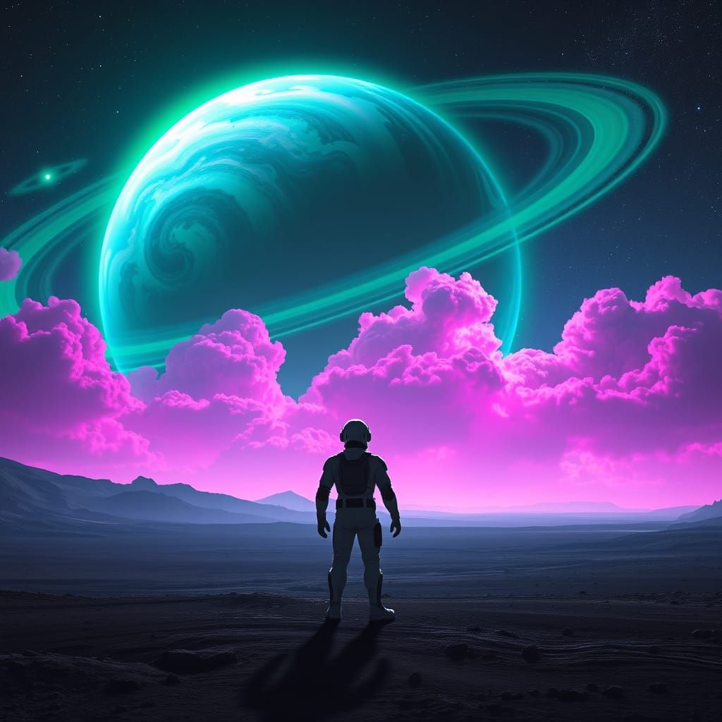 Futuristic Astronaut Gazes at Ringed Gas Giant