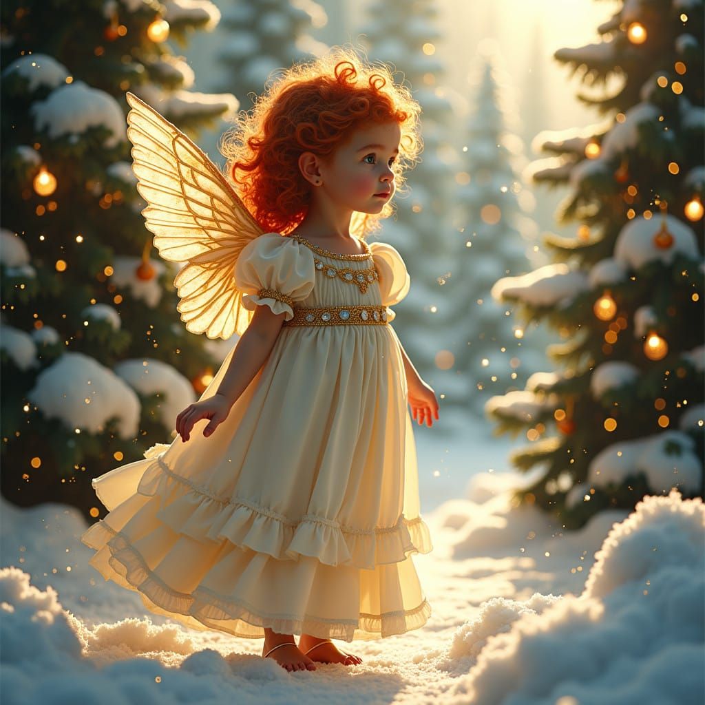Whimsical Christmas Angel in a Golden Winter Wonderland Scen...