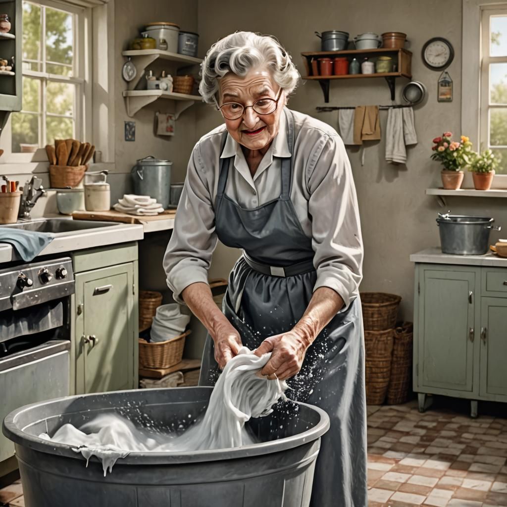 Grandma Doing Laundry in 1950s Style