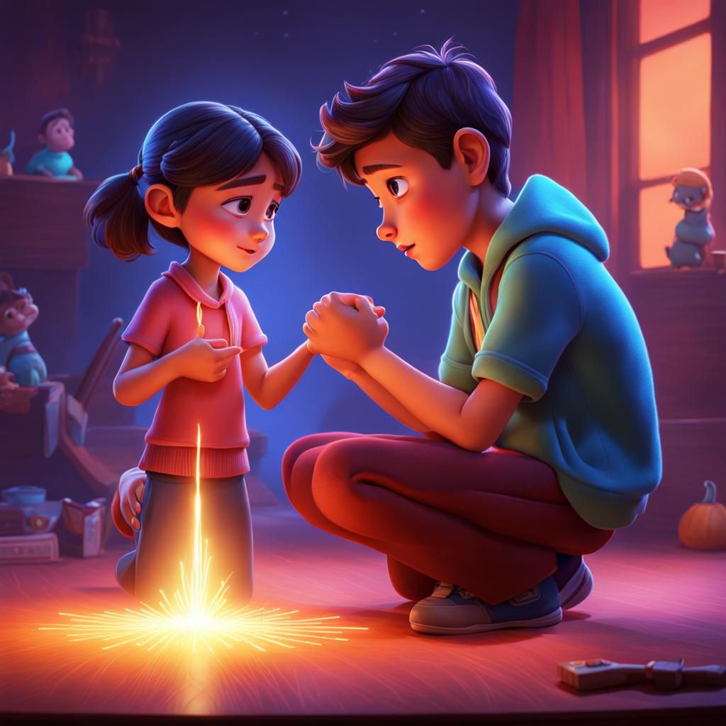 Boy with Magic Hands Helping Sad Girl