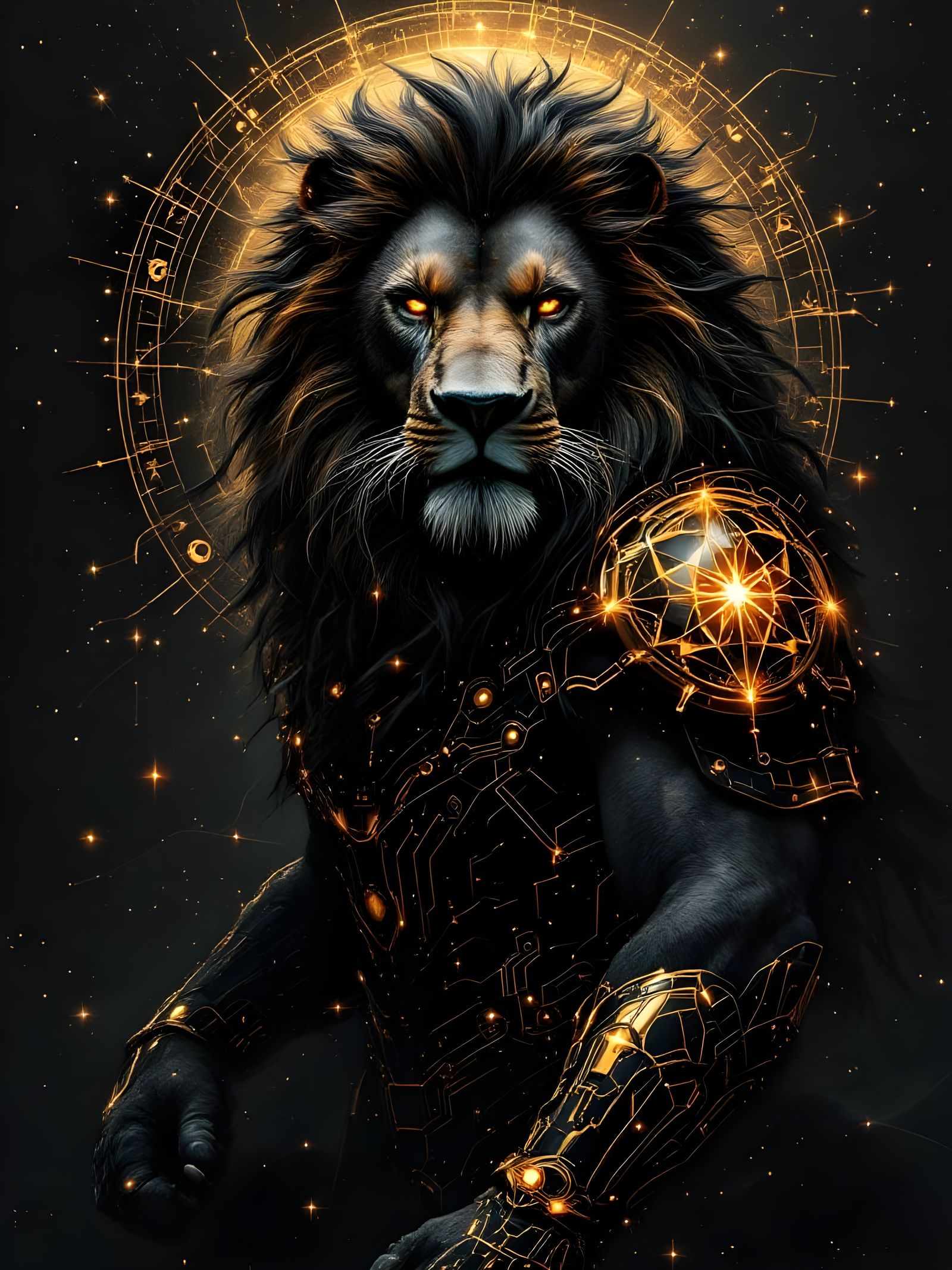 Mystical Black Lion in Cyberpunk Afrofuturist Style