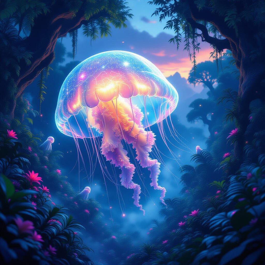 Bioluminescent Jellyfish in Alien Jungle Twilight