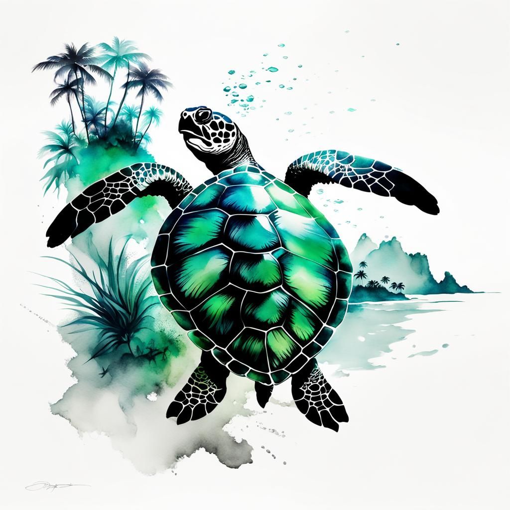 Sea Turtle Tropical Island Ink Painting