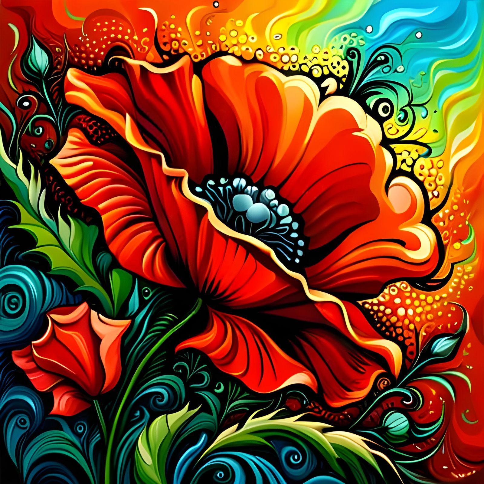 Colorful Abstract Poppy Painting in Comic Book Style