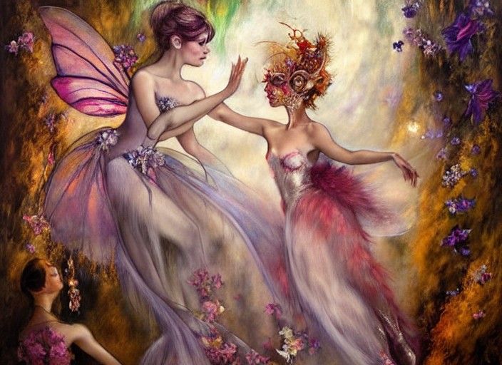Faeries Dance at a Masquerade Ball in Art Nouveau Style