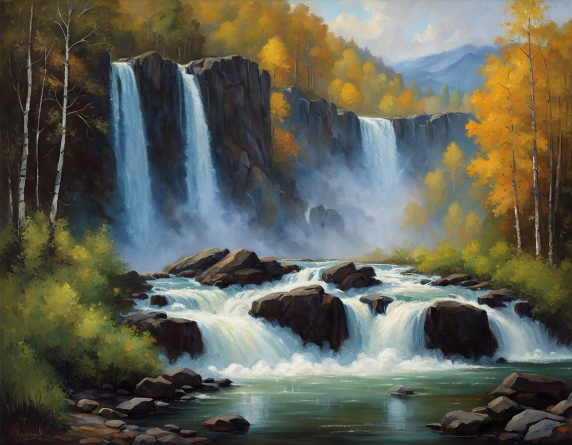 Mystical Waterfalls Landscape in Oil Painting Style