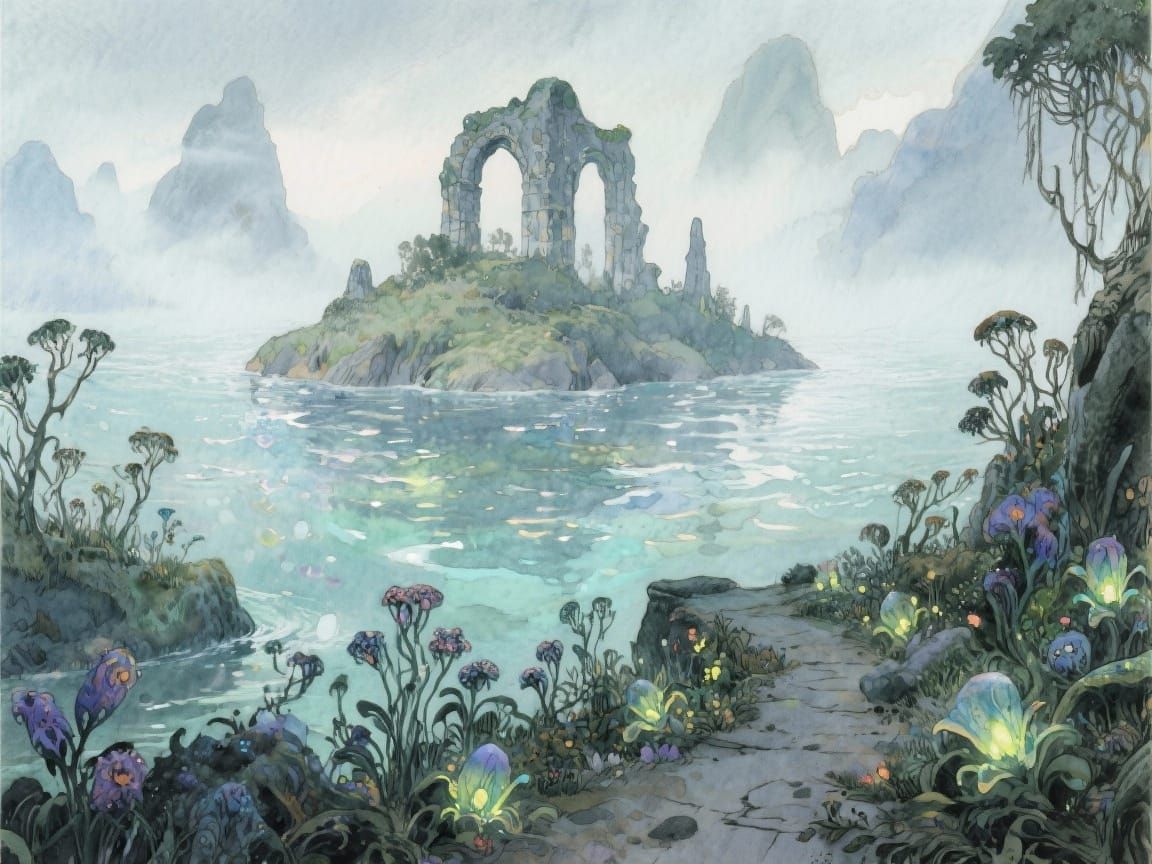 Enchanted Island Ruins in Mist, Watercolor Painting