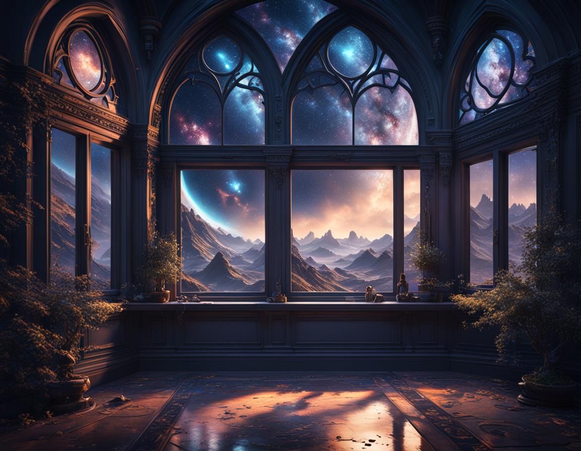 Midnight Galaxy View from Window: Detailed Matte Painting