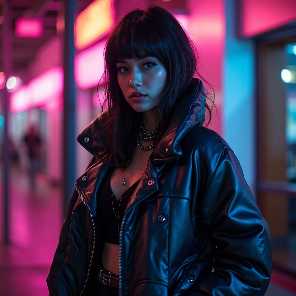 Futuristic Woman in Neon Cityscape, Cyberpunk Style