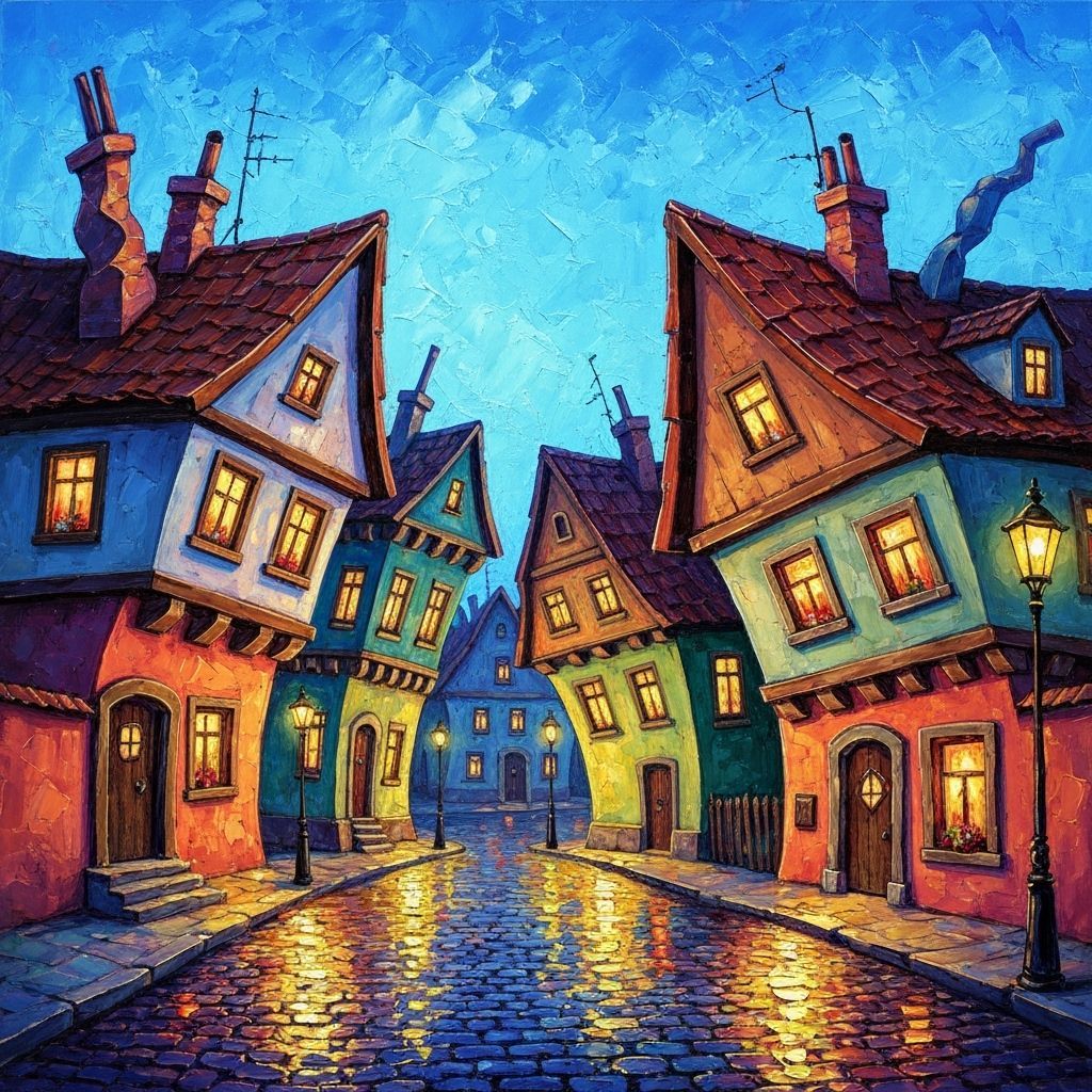 Colorful Tilted Houses at Twilight in Impasto Style