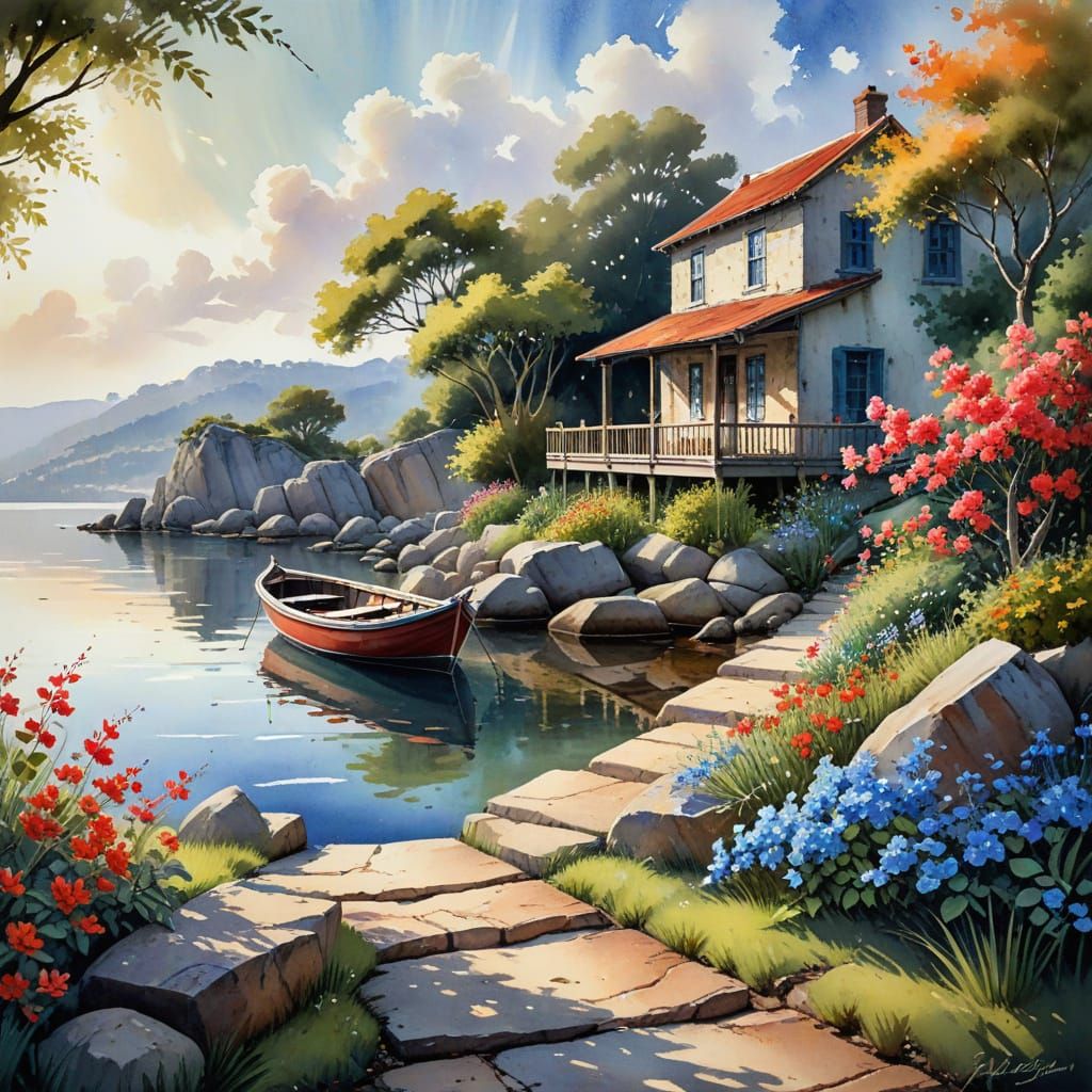 Charming Coastal House Beside Tranquil Harbor in Vibrant Col...