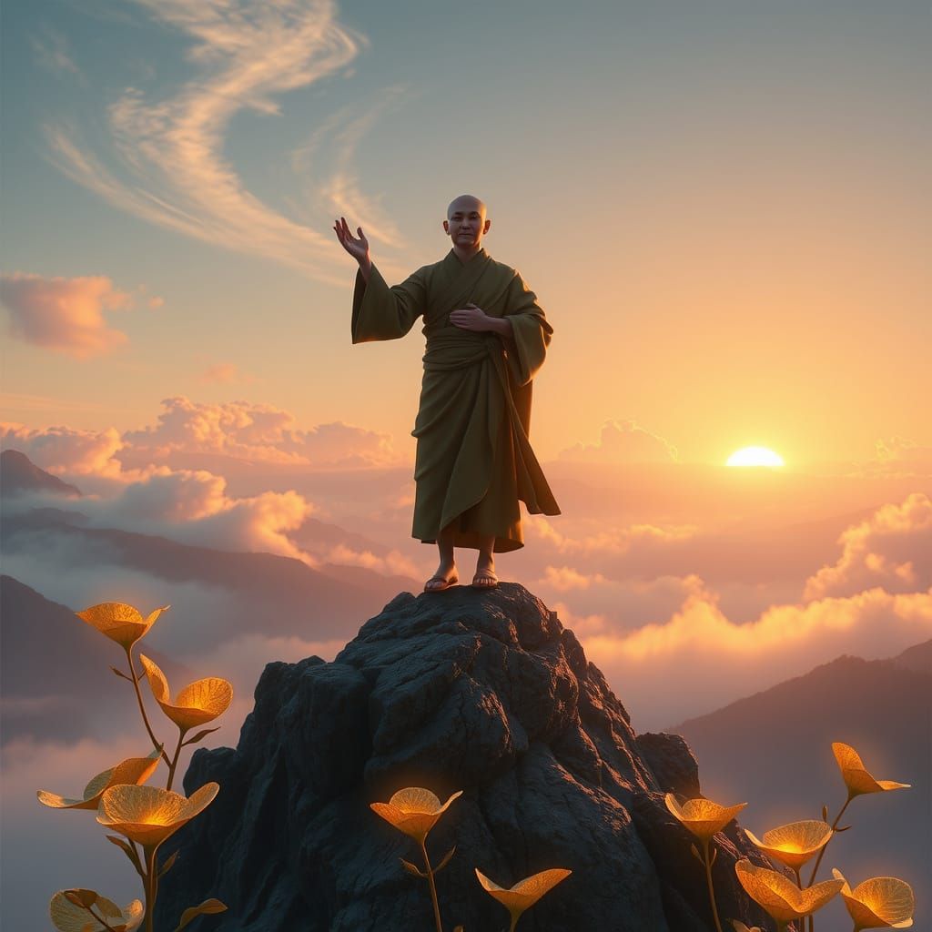 Monk Meditating Above Misty Mountain at Dawn