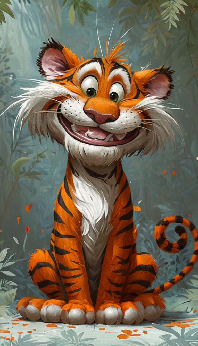 Whimsical, toothless funny grinning tiger, jungle background