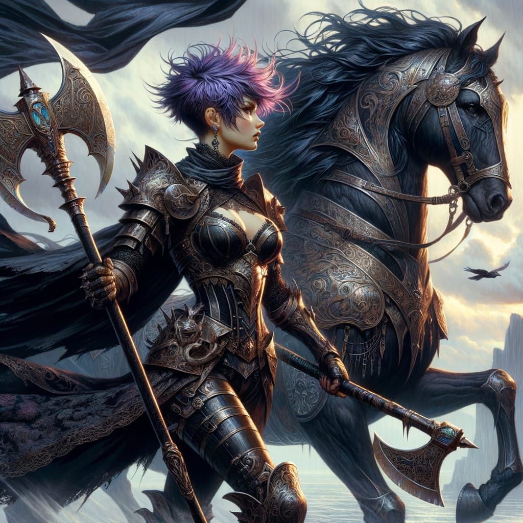 Gothic Warrior Woman with Axes, in Art Nouveau Style