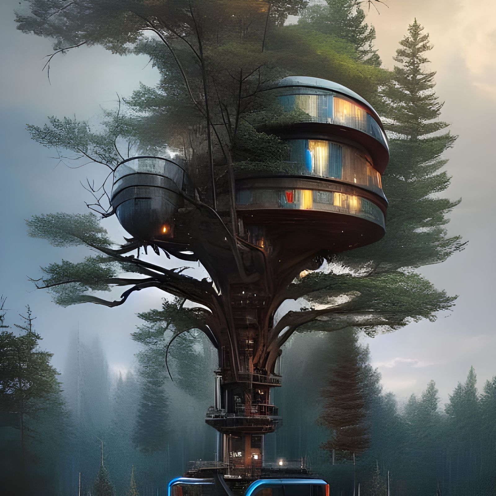 Futuristic Metal Treehouse in Alien Environment