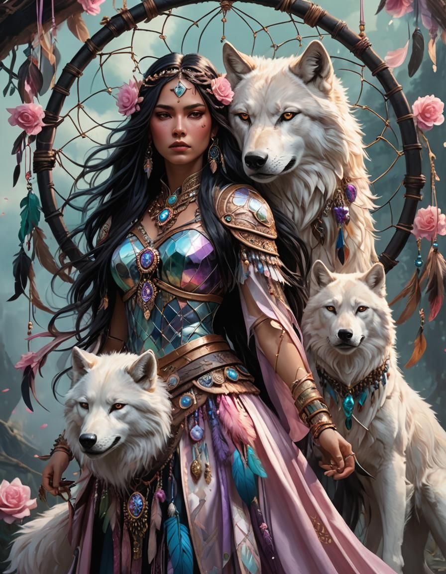 Fierce Warrior Princess with Wolf in Opulent Attire