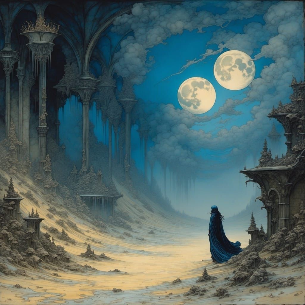 Mysterious Musketeer in Shimmering Desert Under Twin Moons