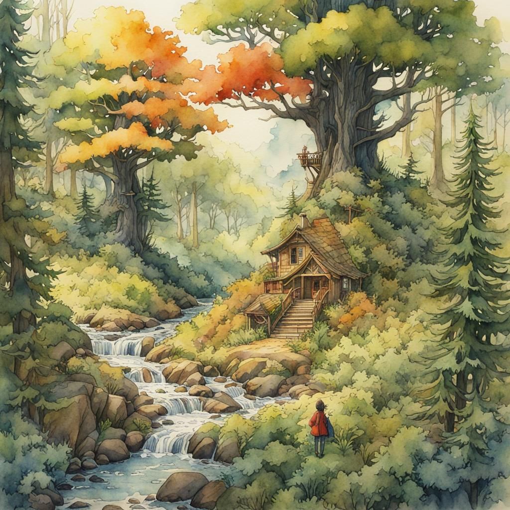Colorful Anime Forest Landscape in Watercolor
