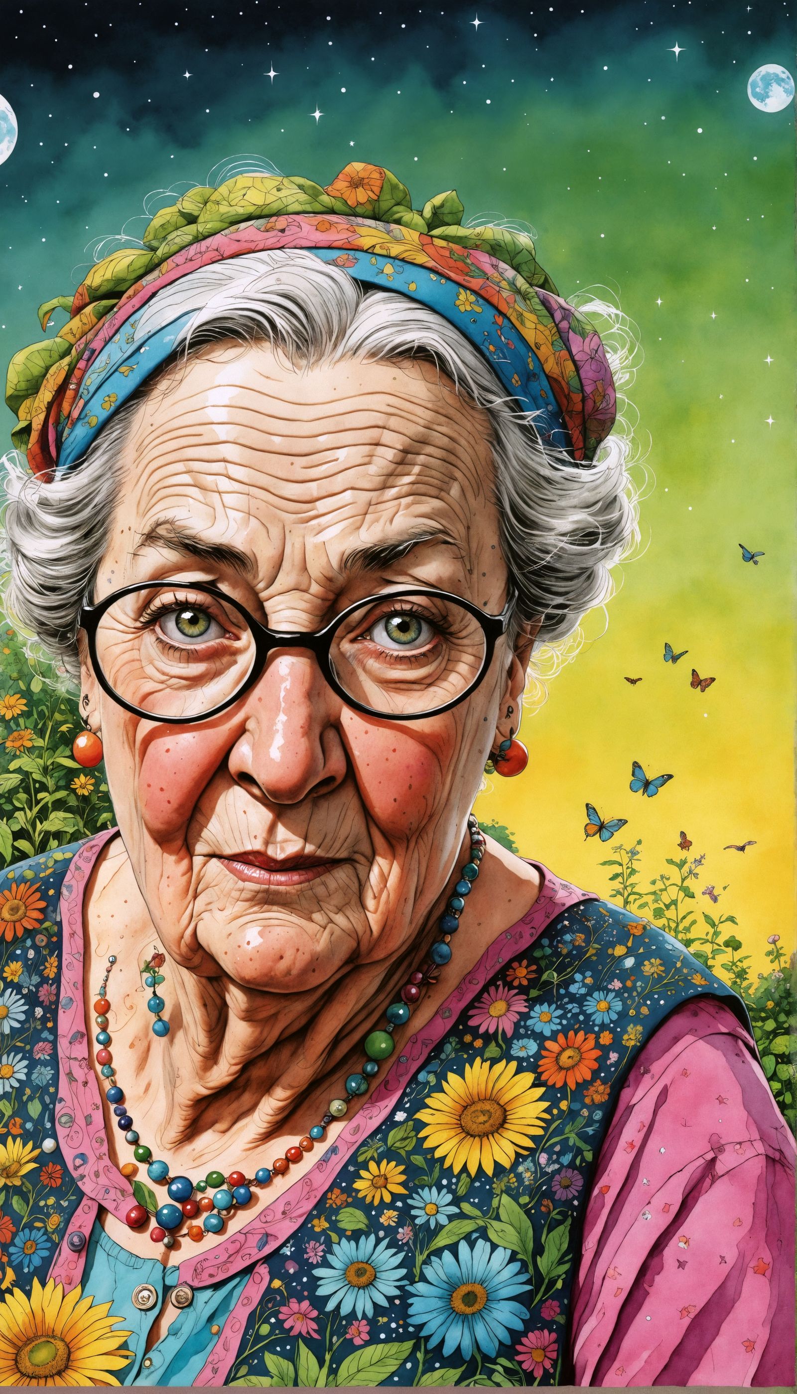 Whimsical Grandma Stargazing: Surreal Illustration