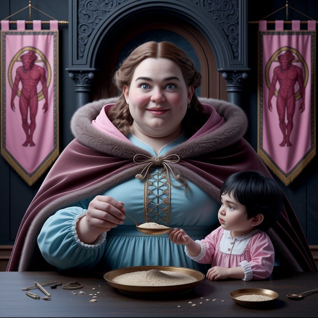 Medieval Lady Feeding Baby in Dark Castle Hall