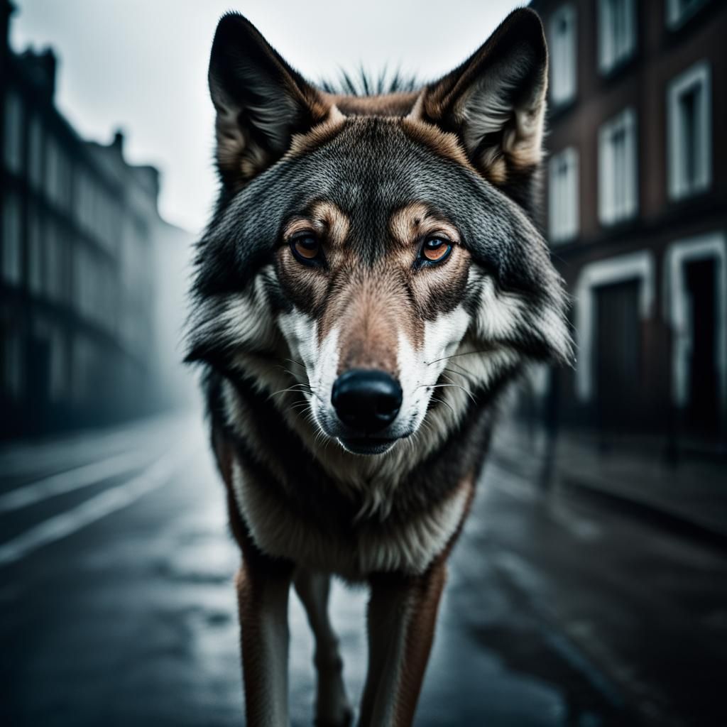 Wolf on Empty Street with Airplane