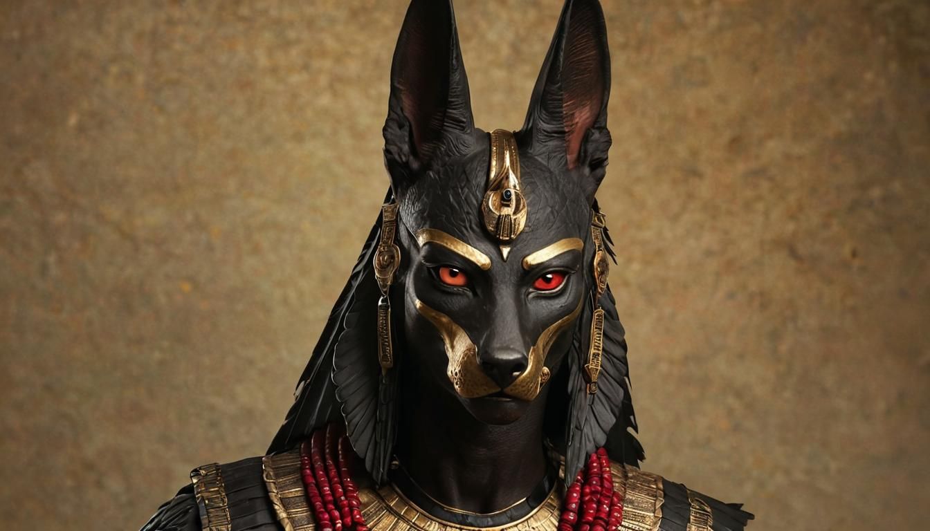 Anubis Portrait with Crimson Eyes in Egyptian Surrealism