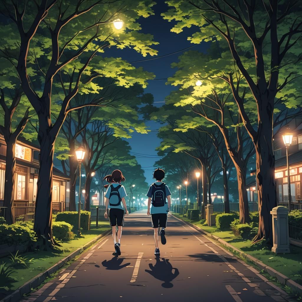 Night Park Run: Anime Style, High Quality
