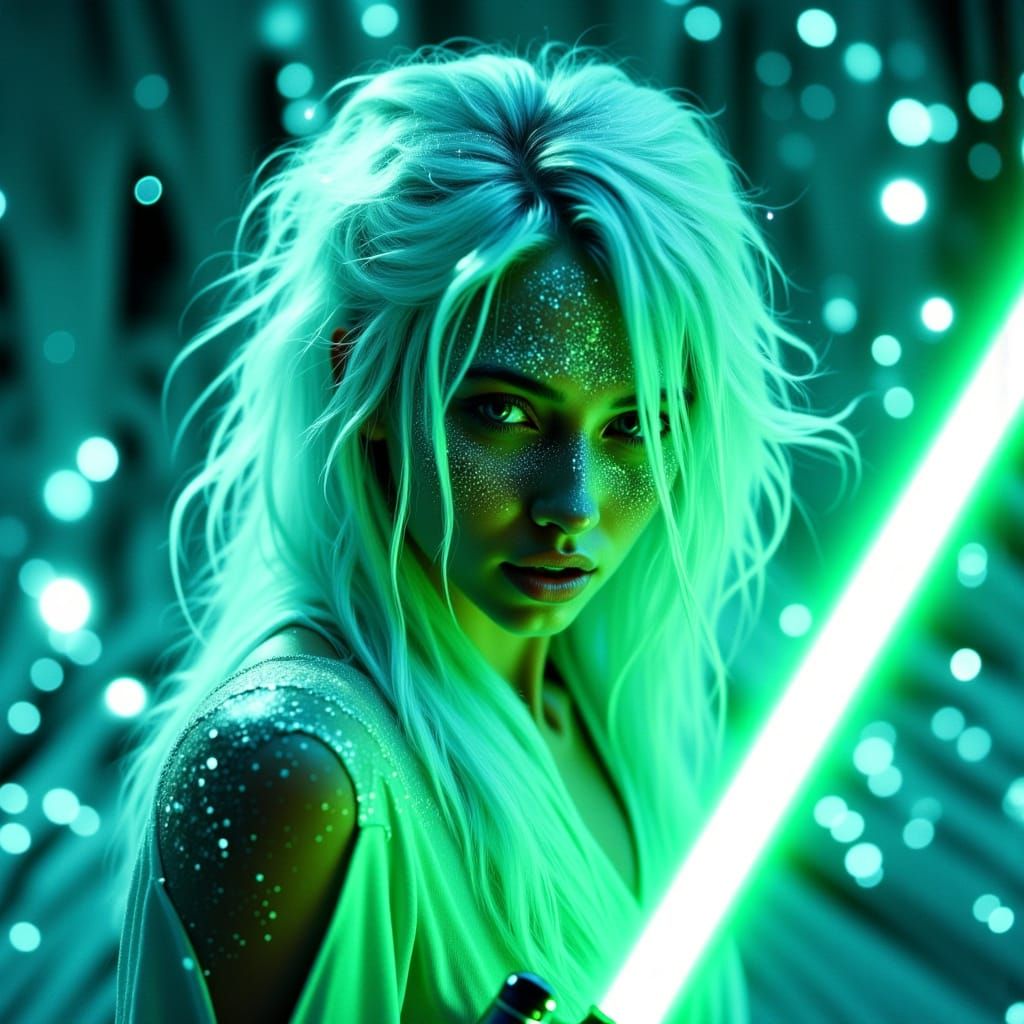 Jedi in Ice Cave with Glowing Lightsaber