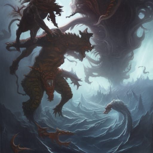 Medusa and Kerberus in Dark Fantasy Style