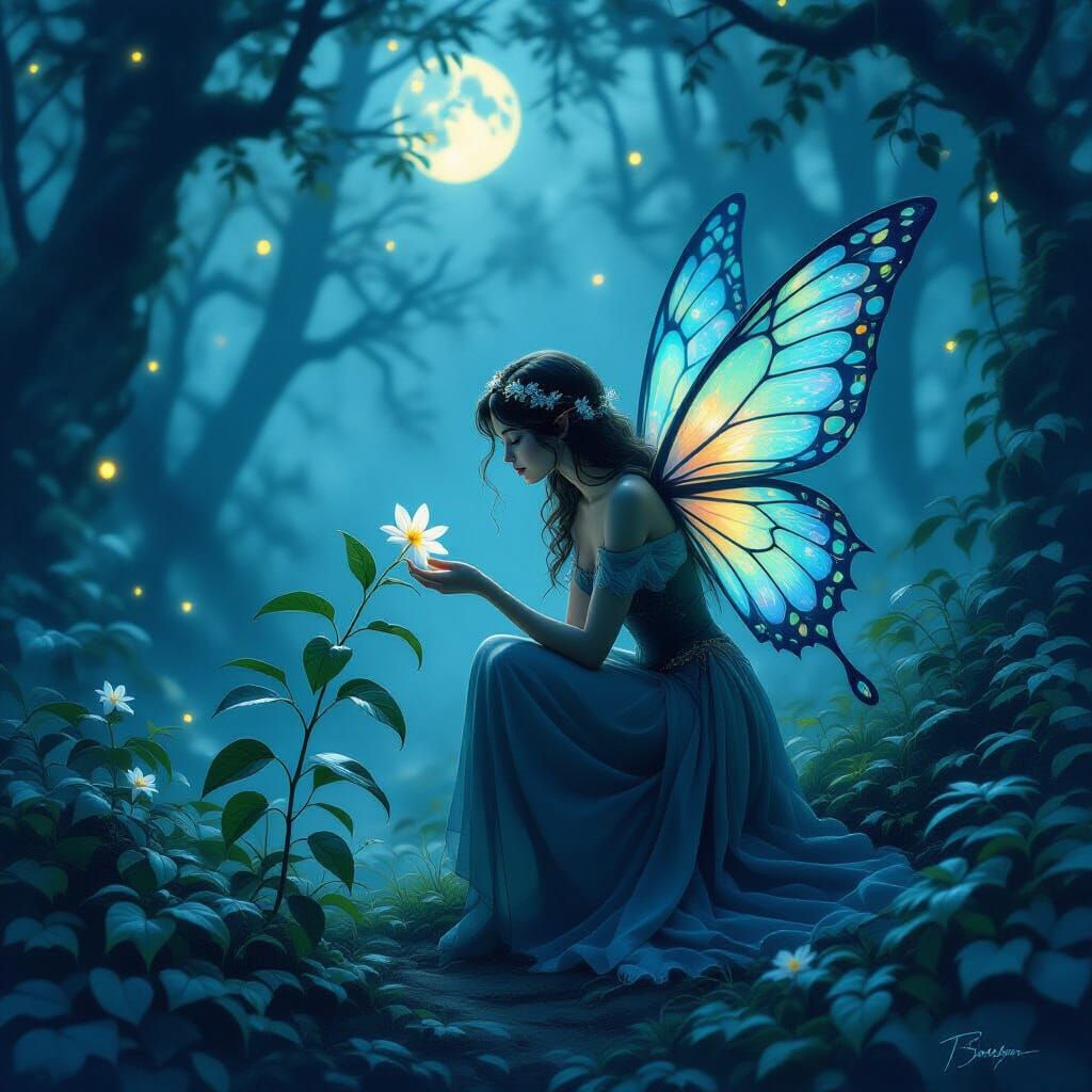 Ethereal Fairy in Moonlit Forest Oil Painting