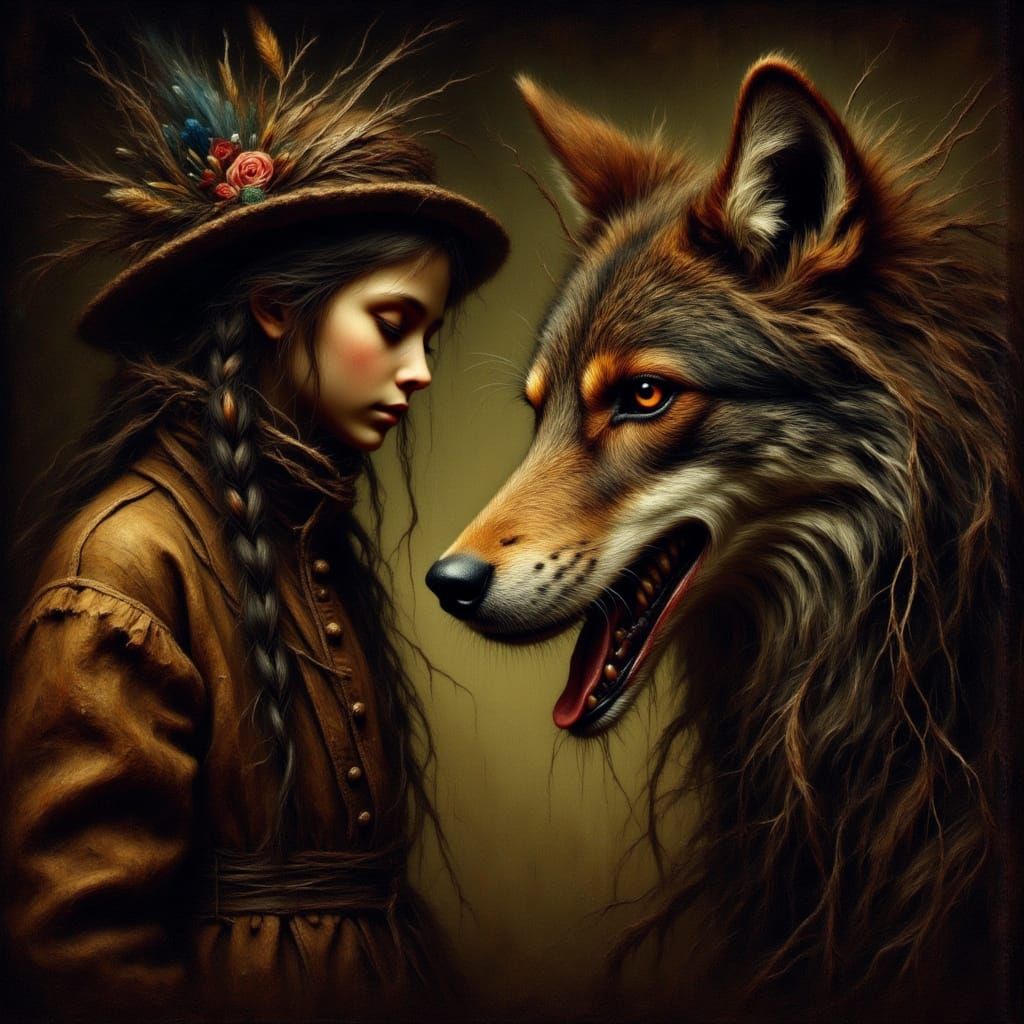 Navajo Child Meets Coyote in Dark Fantasy Oil Painting
