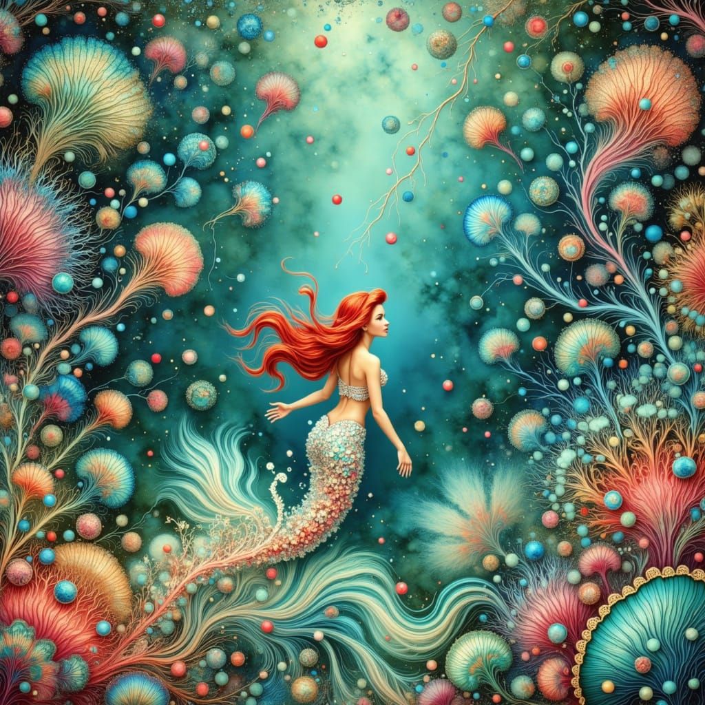 Surreal Underwater Palace with Elegant Mermaid in Iridescent...