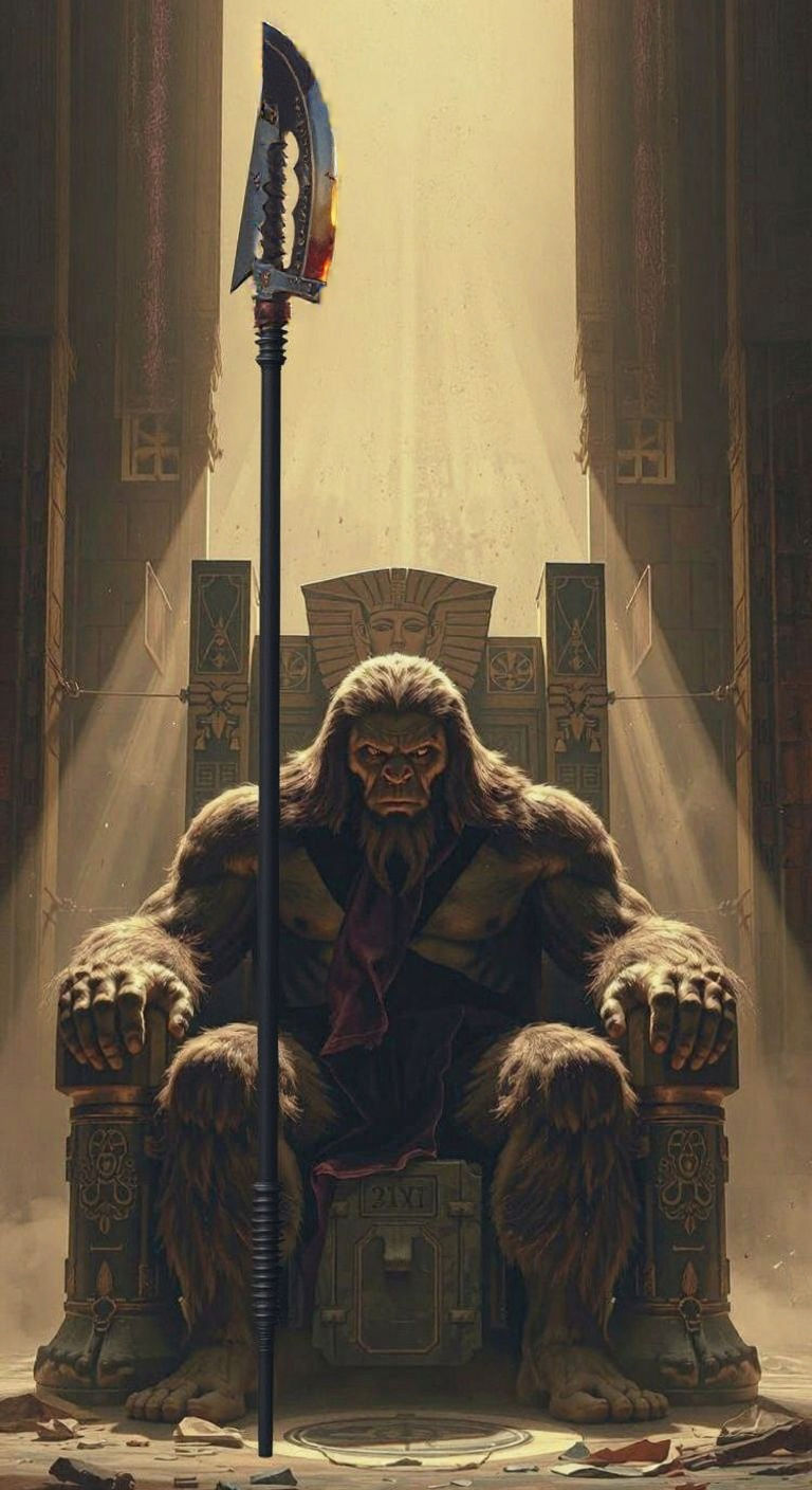 Menacing Bigfoot on Egyptian Throne in Dark Fantasy Scene