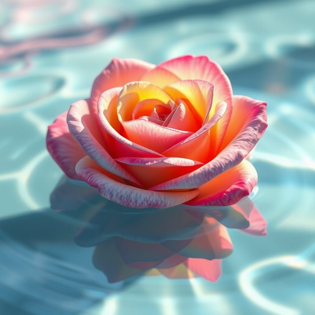 Rainbow Rose Floating on Water in Anime Style
