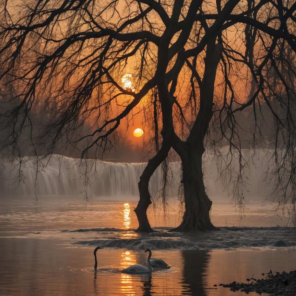 Surreal Sunset: Waterfall and Swan in Watercolor