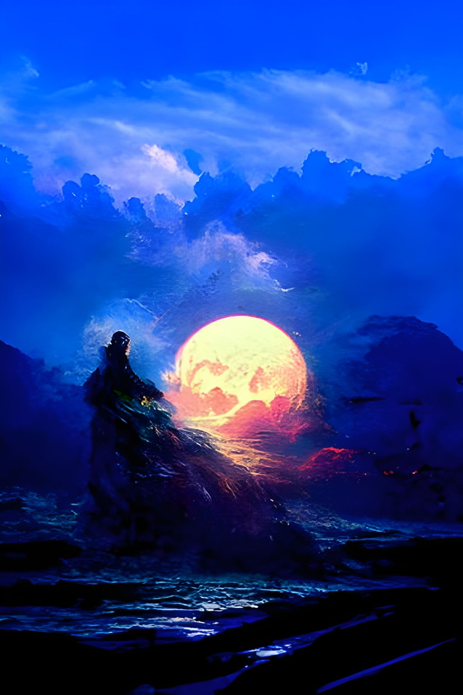 Blue Moon Setting Over Ocean: Ethereal Fantasy