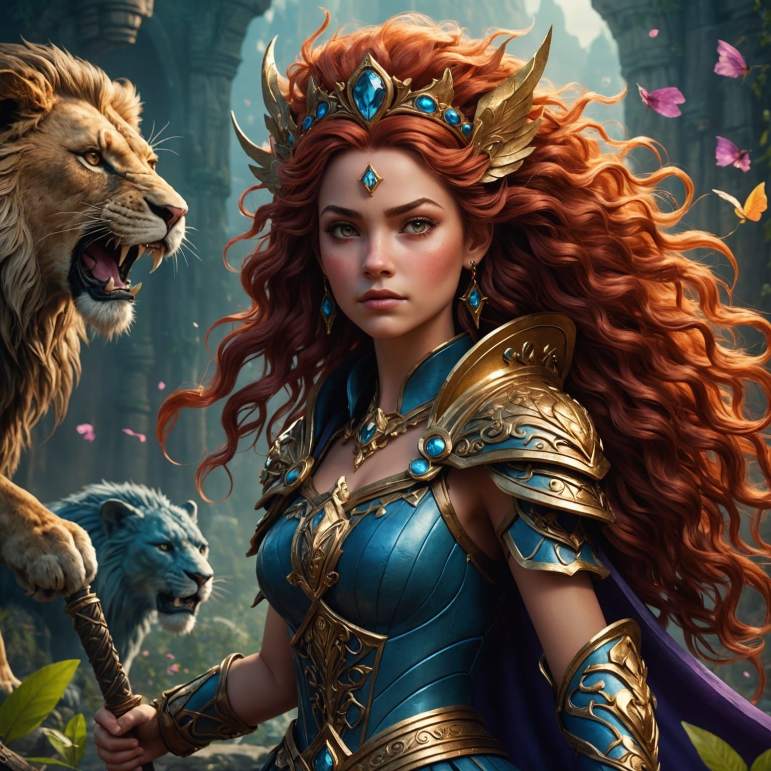 Princess Fairy Faces Lion in Fantasy Concept Art