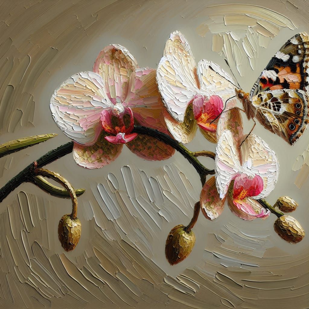 Butterfly Feeds on Vibrant Orchid as Impasto Painting