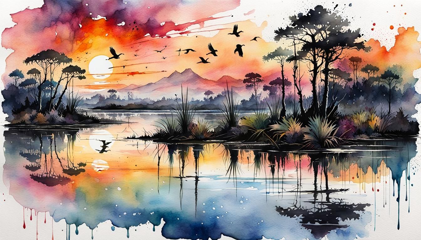 Ethereal Swamp Birds in Watercolor Inkpunk Style