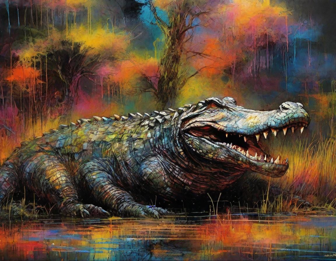 Moonlit Alligator in Glowing Swamp: Ink Splatter Art
