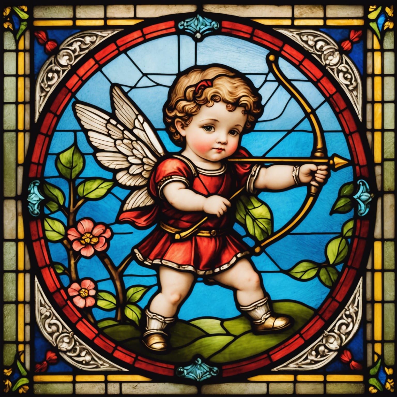 Stained Glass Window of a Cute Cupid