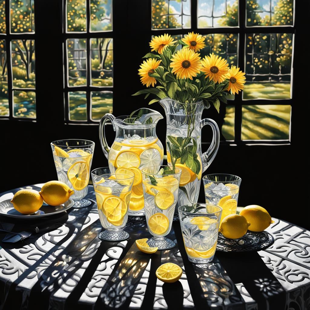 Victorian Lemonade in Crystal Pitcher: Hyperrealistic Art