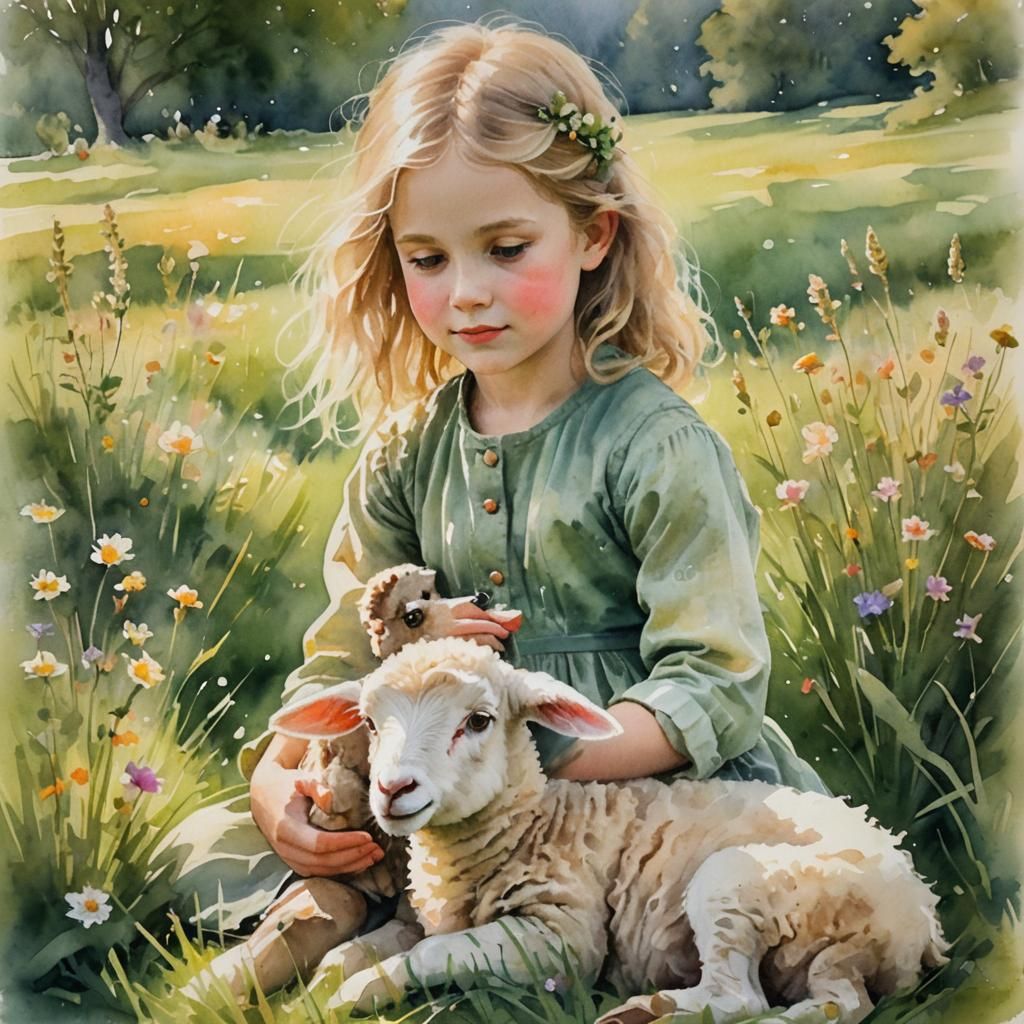 Girl with Lamb in Meadow: Watercolor Impression