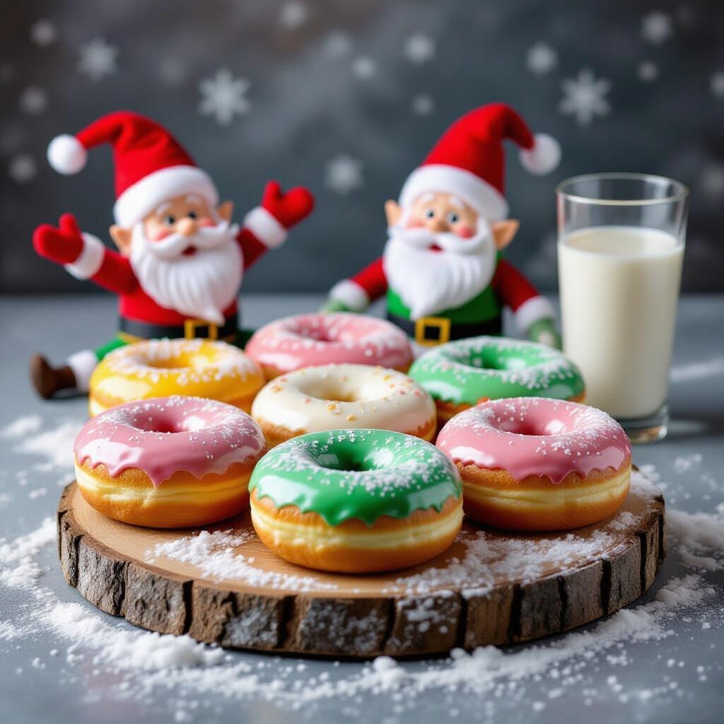 Festive Donuts with Elves on Snowy Wooden Stand