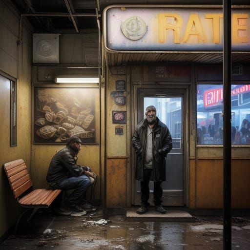 Homeless Man Reaching for Fries in Dingy Diner
