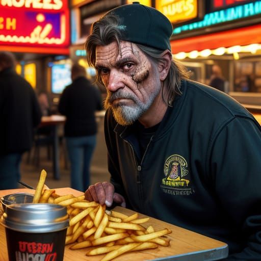 Homeless Man in Grimy Diner, Hyper-Realistic Concept Art