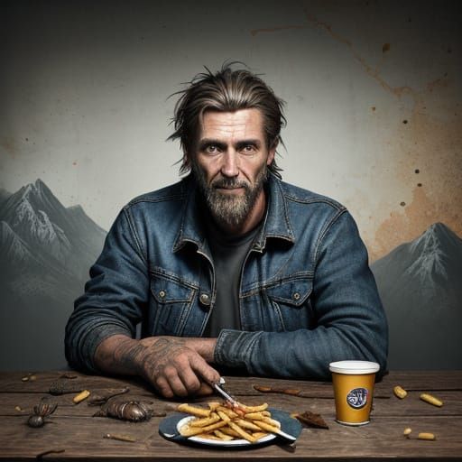 Homeless Man Crouches Over Fries and Roaches in Grimy Diner