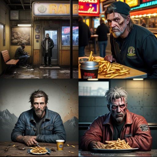 Hyperrealistic Homeless Man in Dingy Diner